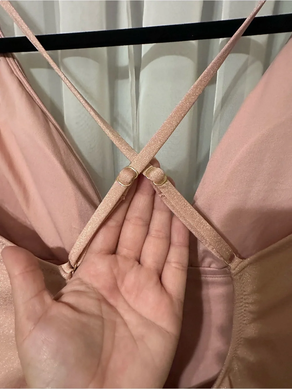 Shimmery Blush Pink Plunge Cross Back High Cut One-Piece Bodysuit Size 16